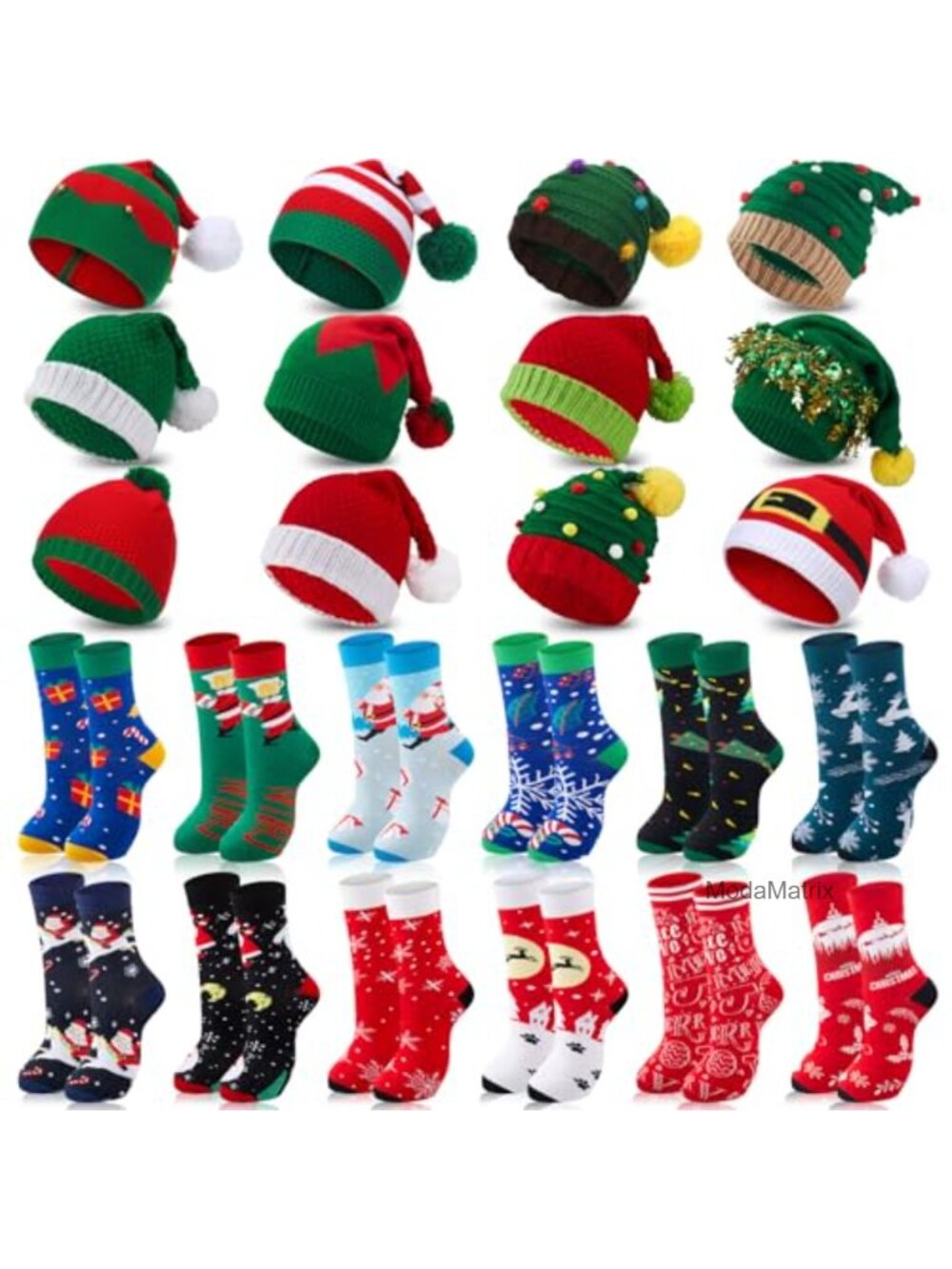 Christmas Knitted Hats and Socks Set 24 Pack Beanie Caps Crew Socks